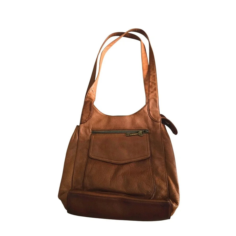 Fossil Brown Pebbled Leather Triple Compartment Shoulder Bag Tote 75082